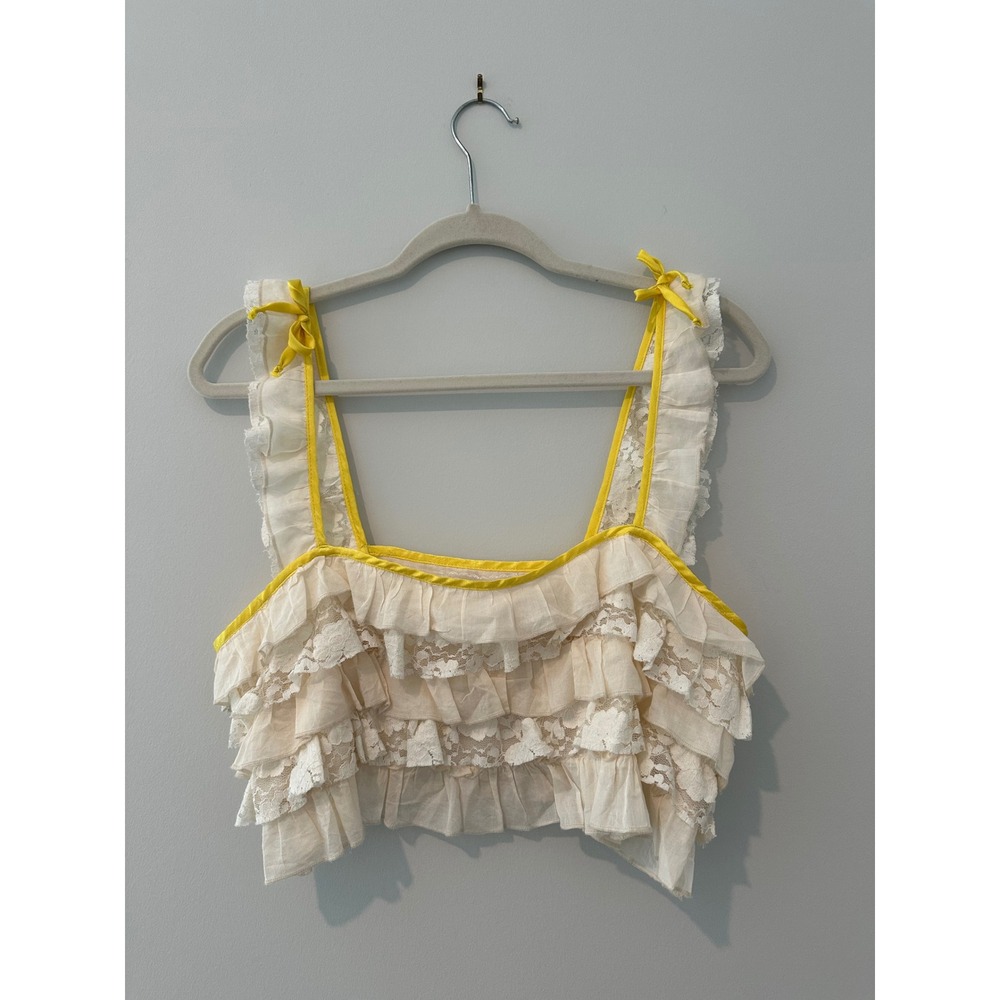 Kimchi Blue Cream Ruffle Lace Crop Tank Top with Yellow Trim and Bows
